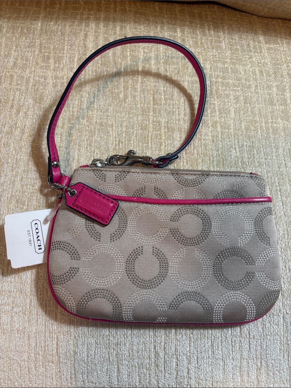 Coach Khaki Signature Canvas Wristlet with Pink Trim